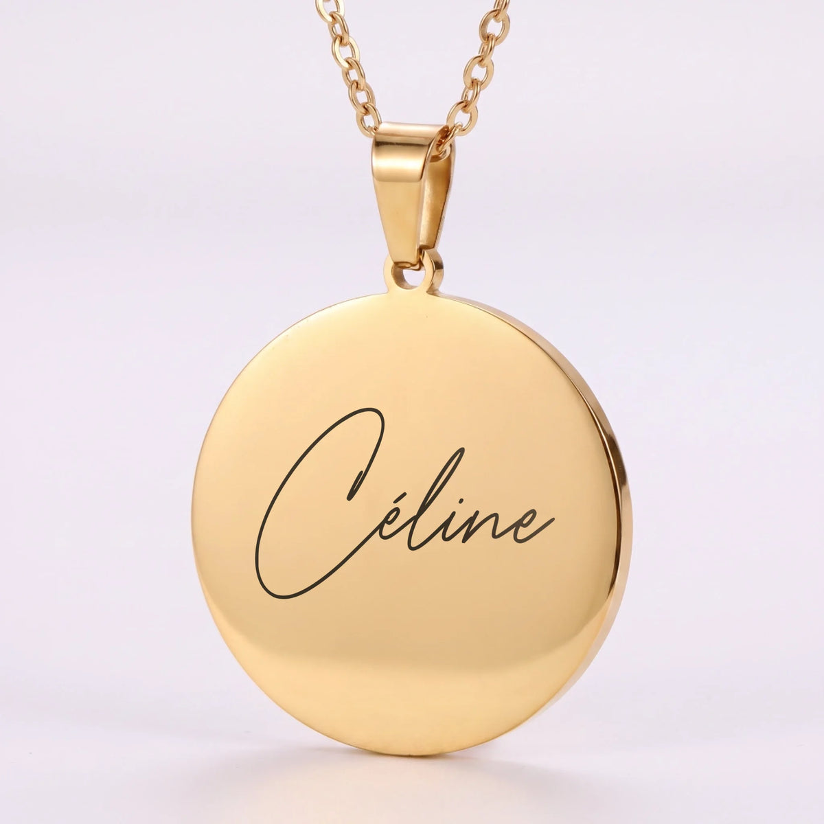 Collier gravé prénom personnalisé, pendentif rond plaqué or 18 carats