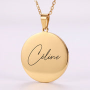 Collier gravé prénom personnalisé, pendentif rond plaqué or 18 carats