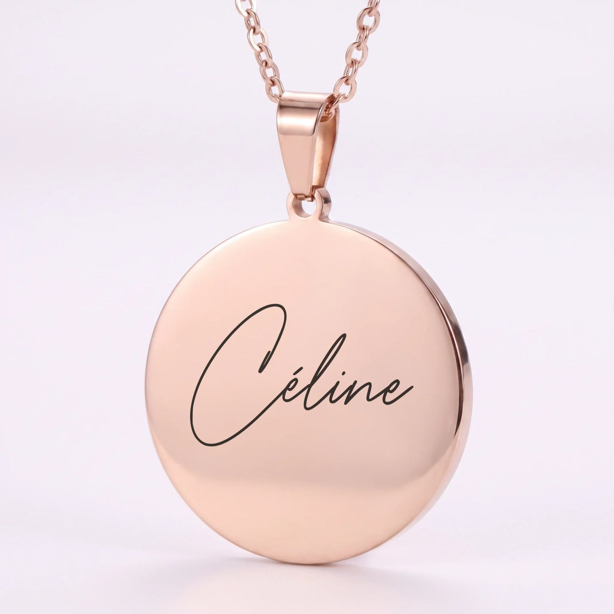 Collier gravé prénom personnalisé, pendentif rond plaqué or rose 18 carats