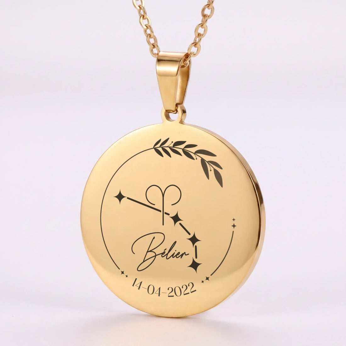 Collier signe astrologique gravé avec date, pendentif rond plaqué or 18 carats