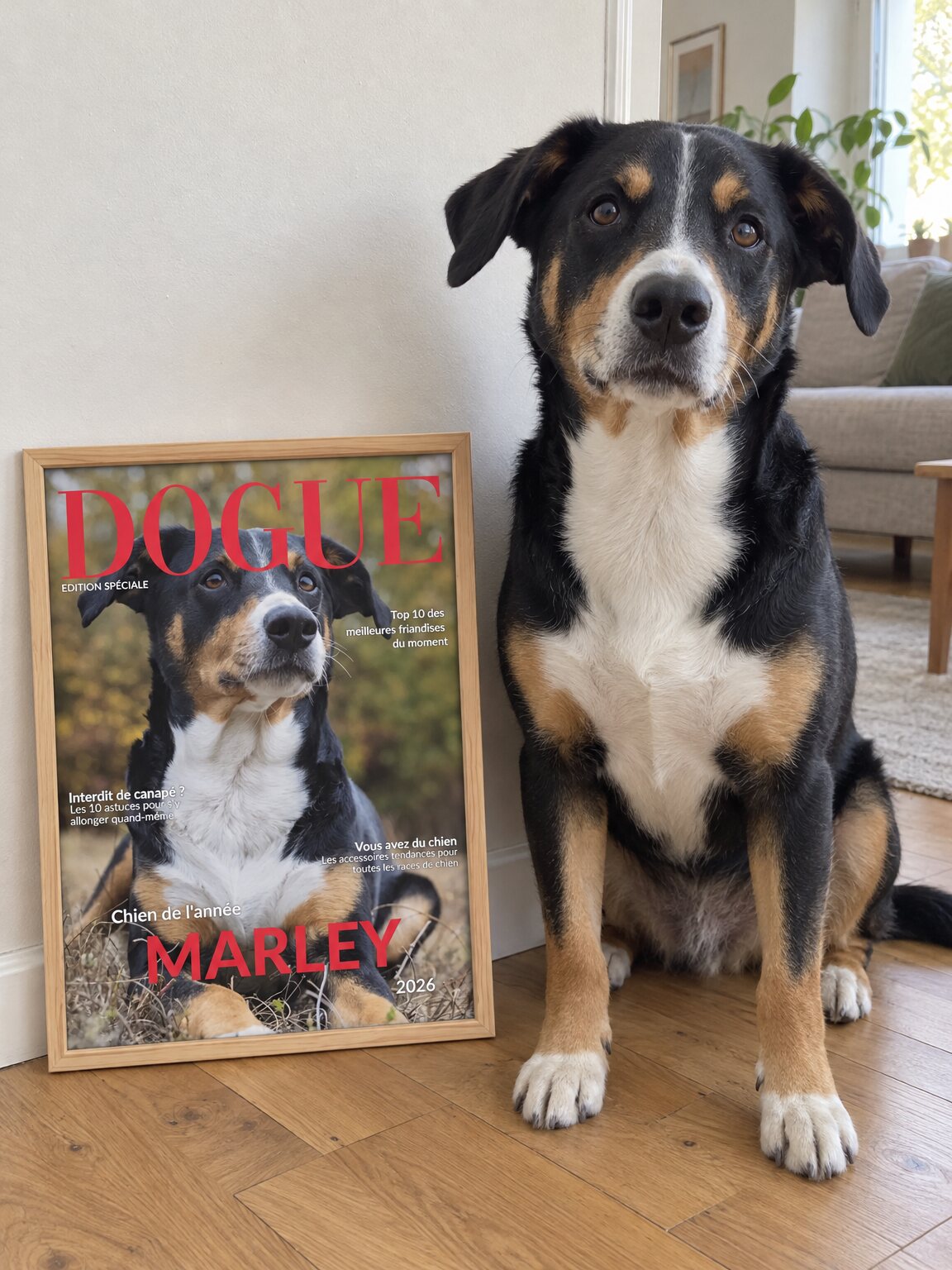 Couverture de magazine personnalisée avec la photo d'un chien, posée à côté de lui