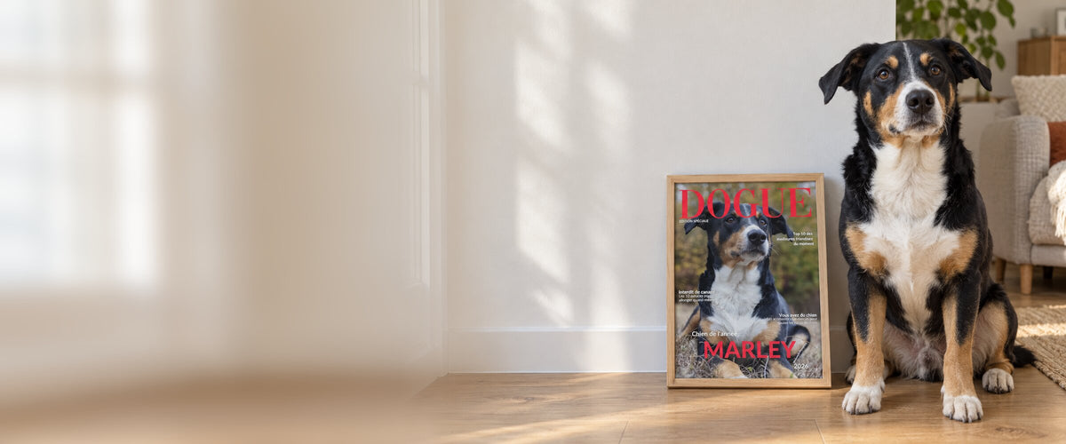 Couverture de magazine personnalisée avec la photo d'un chien, posée à côté de lui