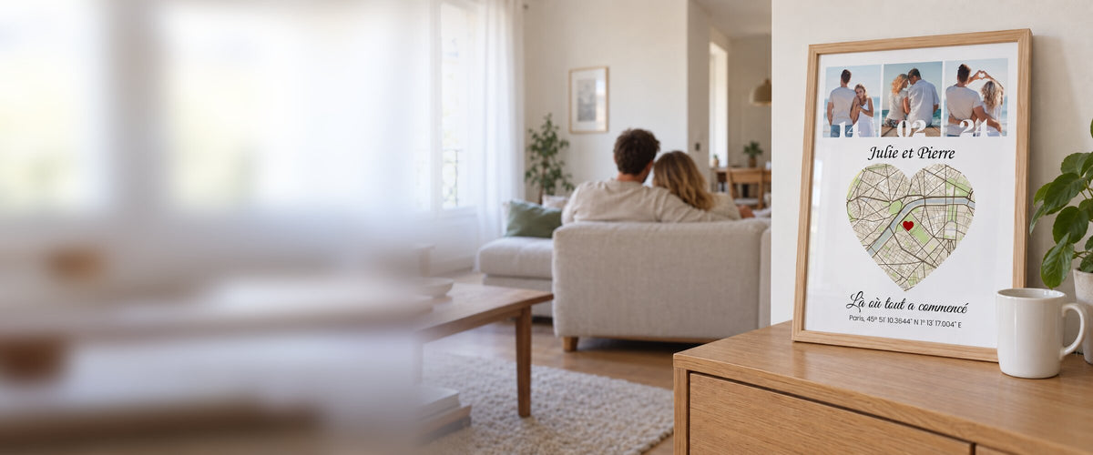 Affiche « Là où tout a commencé » avec la carte du lieu de rencontre, dans un salon