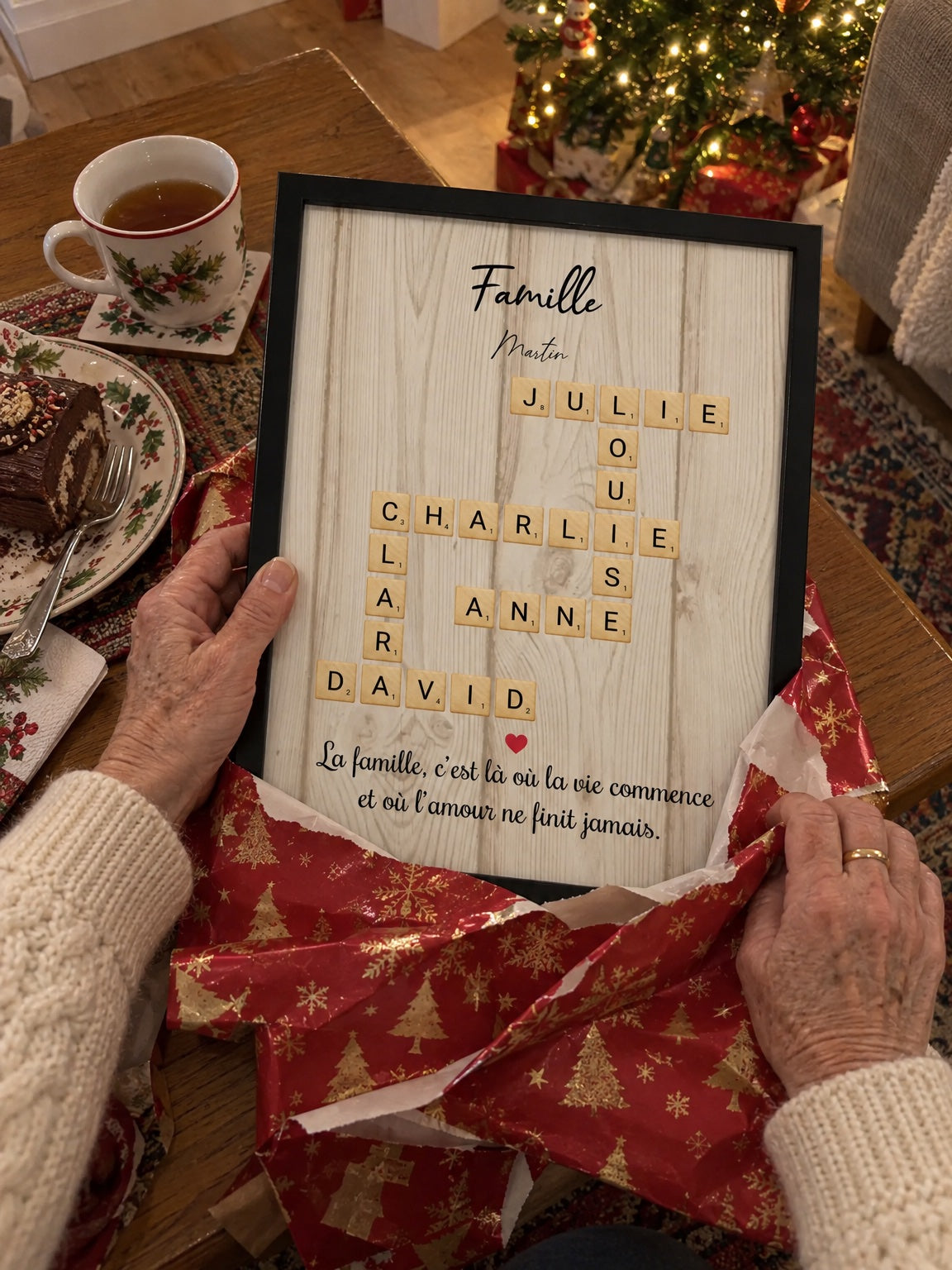Cadre Scrabble famille personnalisé déballé à Noël